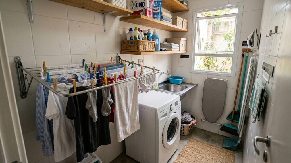 Como instalar varal de parede resistente e aproveitar melhor lavanderias pequenas em casa