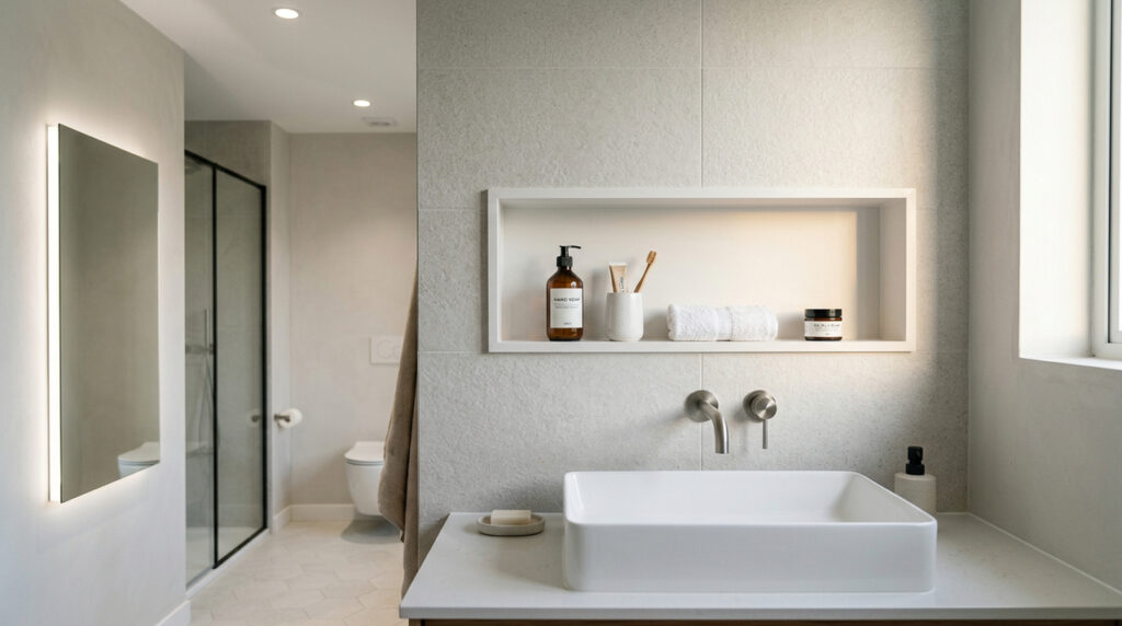 Decoração funcional com nicho simples ajuda a organizar objetos sem usar móveis grandes
