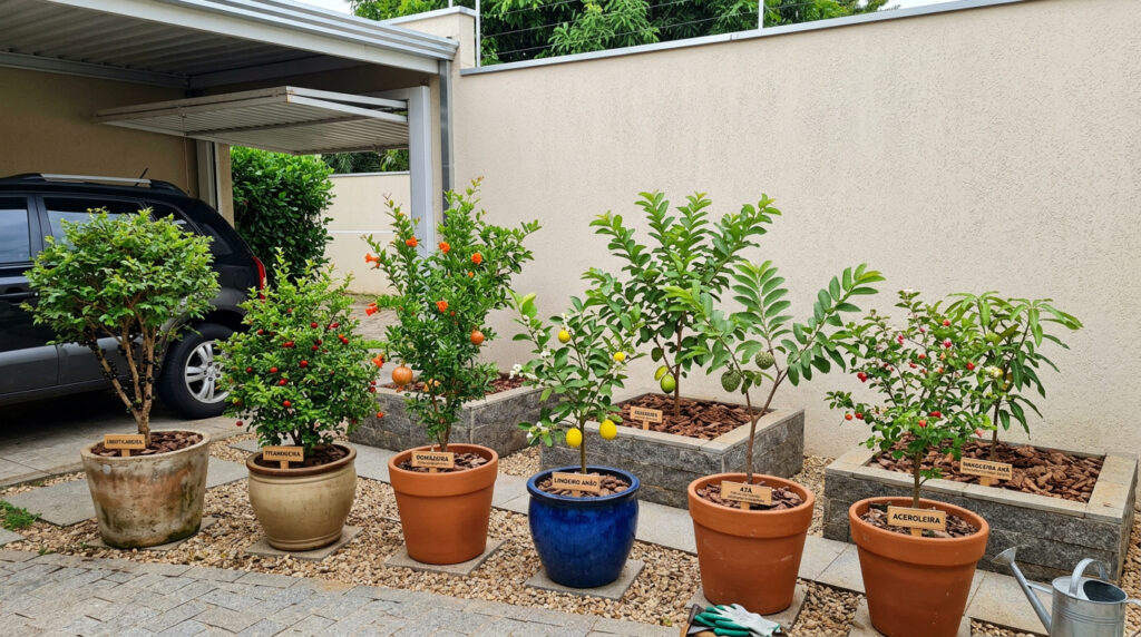 8 árvores frutíferas com raízes seguras para terraços e garagens, proporcionando sombra sem danificar as construções.