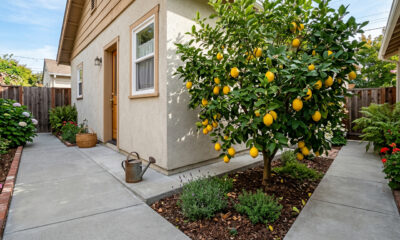 8 árvores frutíferas com raízes seguras para terraços e garagens, proporcionando sombra sem danificar as construções.