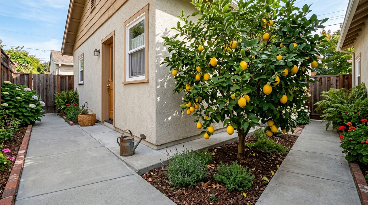 8 árvores frutíferas com raízes seguras para terraços e garagens, proporcionando sombra sem danificar as construções.