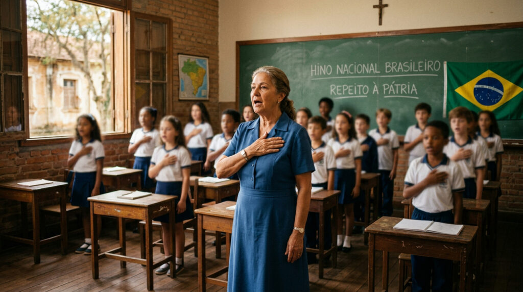 Sala de aula antiga com carteiras de madeira e lousa verde, professora em pé na frente da turma com postura de condução, mão sobre o peito em gesto de respeito enquanto os alunos ao fundo aparecem desfocados, luz natural entrando pela janela, atmosfera realista de nostalgia escolar e momento coletivo cantando o hino