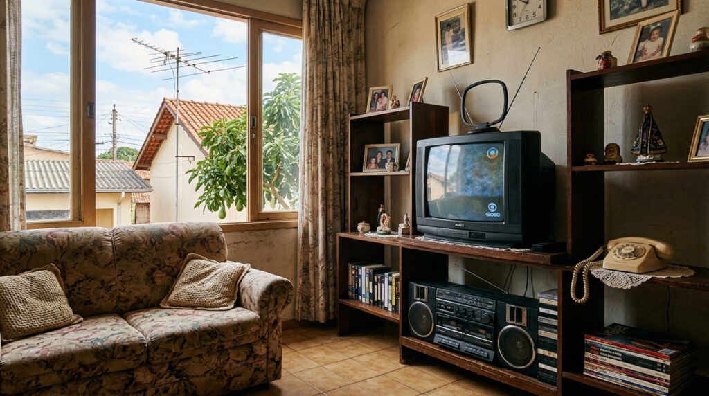 Antena de TV no telhado lembra uma época em que assistir televisão dependia de paciência e ajuste