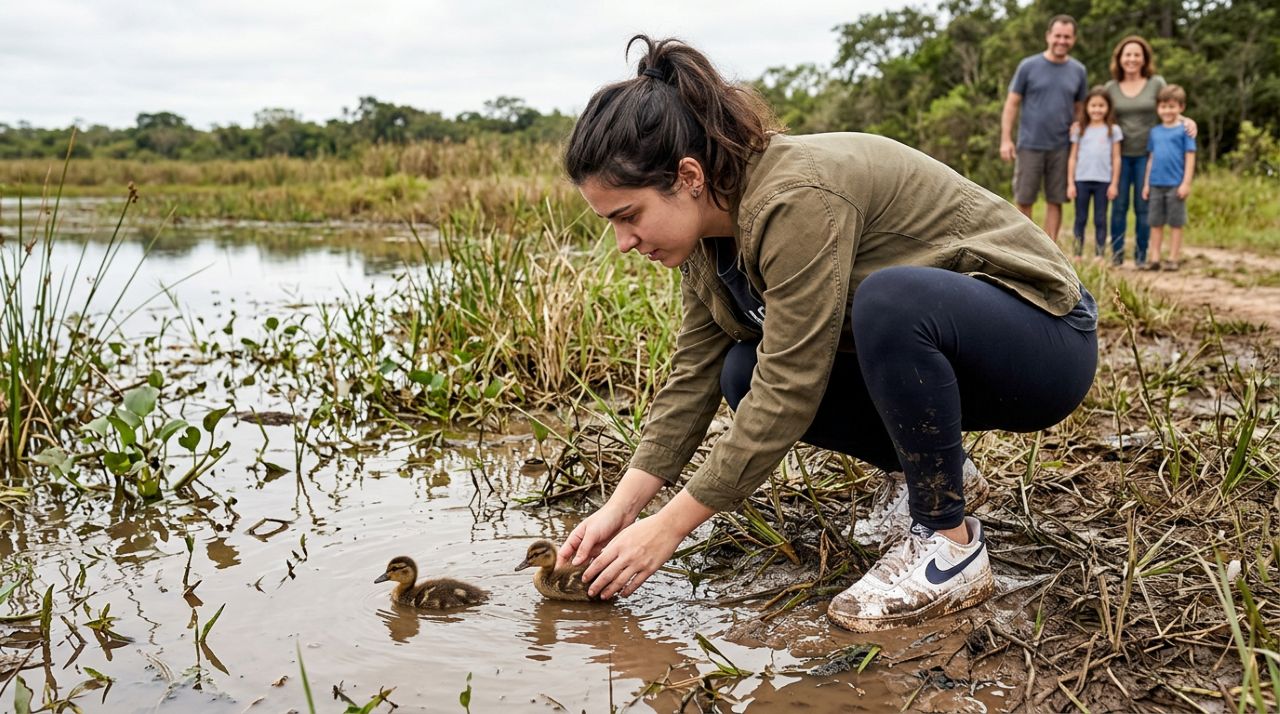 Patinho perdido é salvo após mulher estragar seus sapatos novos