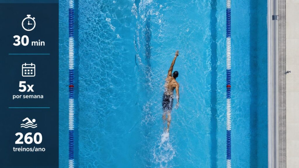 Nadador realiza nado livre em piscina com painel indicando rotina de 30 minutos, 5 vezes por semana.