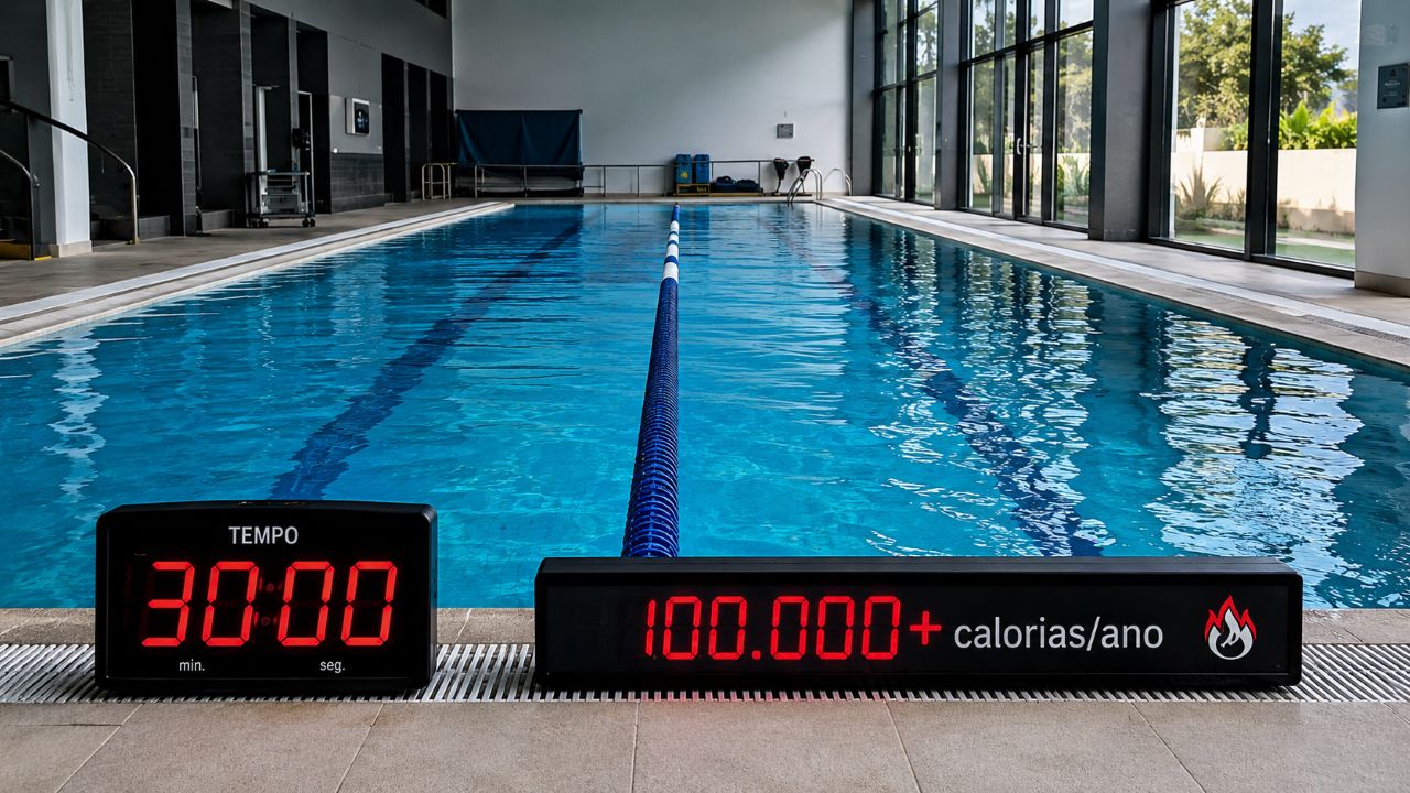 Piscina com raia única e cronômetro de 30 minutos destaca o potencial da natação para aumentar o gasto calórico anual.