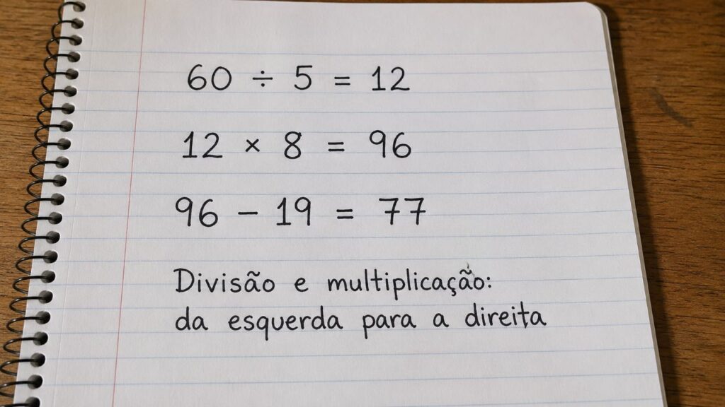 Folha de caderno mostra a resolução passo a passo da expressão 60 ÷ 5 × 8 − 19, destacando que divisão e multiplicação devem ser feitas da esquerda para a direita.