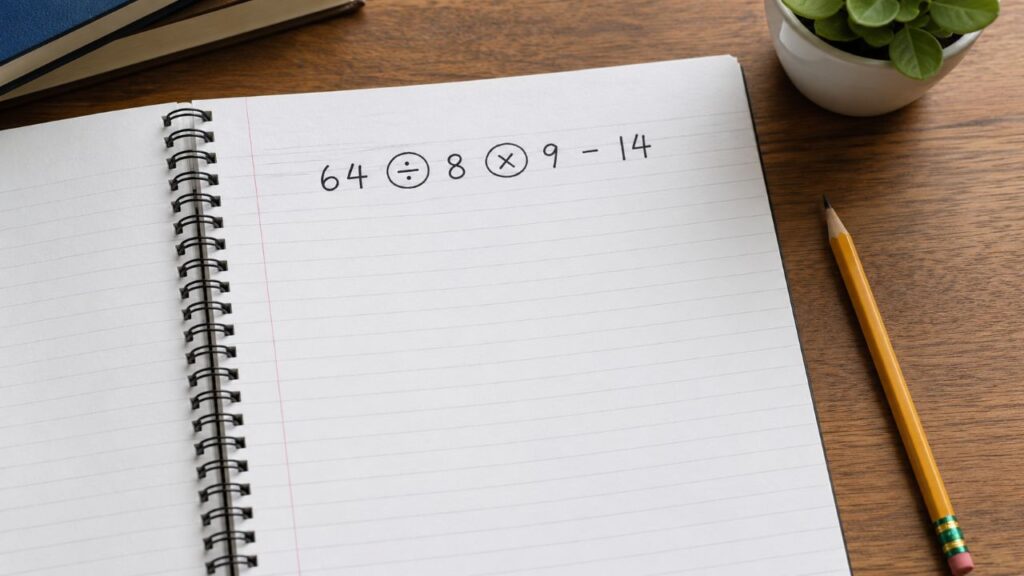 Caderno realista aberto sobre mesa de madeira com a expressão “64 ÷ 8 × 9 − 14” escrita no topo, os símbolos ÷ e × circulados, um lápis amarelo ao lado e visual limpo de estudo, sem mostrar o resultado final.