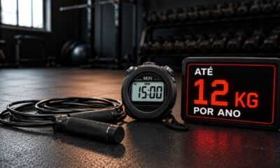 Corda de pular e cronômetro de 15 minutos em ambiente de academia, destacando o potencial do exercício para contribuir com a perda de até 12 kg por ano.