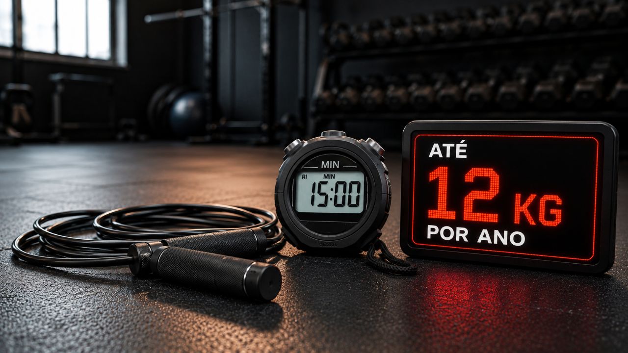 Corda de pular e cronômetro de 15 minutos em ambiente de academia, destacando o potencial do exercício para contribuir com a perda de até 12 kg por ano.