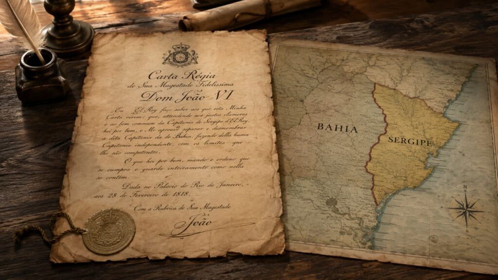 Pergaminho antigo com referência à Carta Régia de Dom João VI sobre mesa de madeira, ao lado de um mapa histórico com Sergipe destacado da Bahia, em iluminação natural e cenário realista sem pessoas.