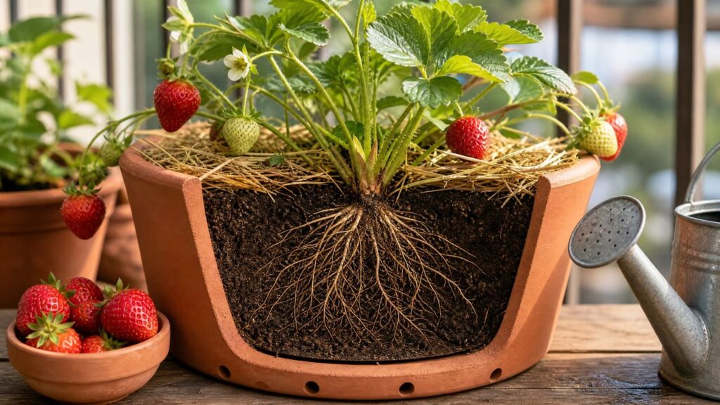 Coroa bem posicionada, substrato drenável e umidade equilibrada favorecem frutos saudáveis