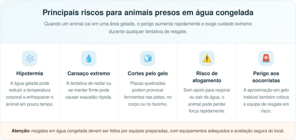 Bombeiros resgatam iaque de 3 anos preso em lagoa congelada