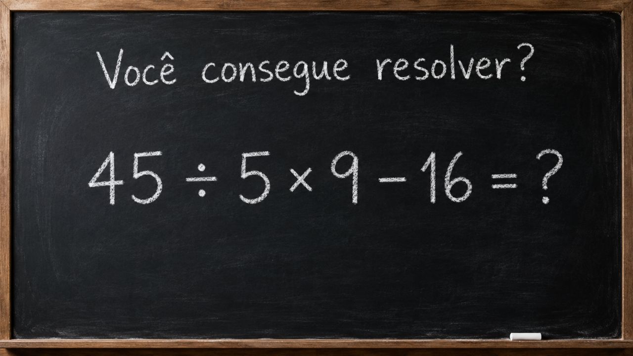 Lousa escura com escrita em giz branco mostrando o texto “Você consegue resolver?” e a expressão matemática “45 ÷ 5 × 9 − 16 = ?” em destaque.