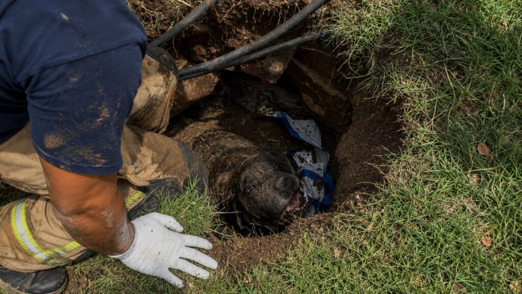 Bombeiros encontram cachorro de 90 quilos preso no subsolo após examinar pequeno buraco