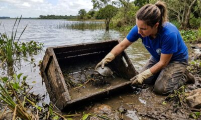 Caiaquistas encontram caixa na lama e resgatam tartarugas presas