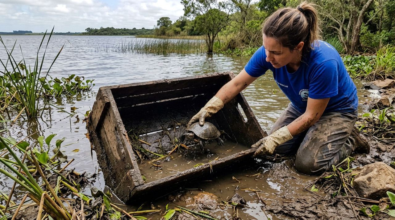 Caiaquistas encontram caixa na lama e resgatam tartarugas presas