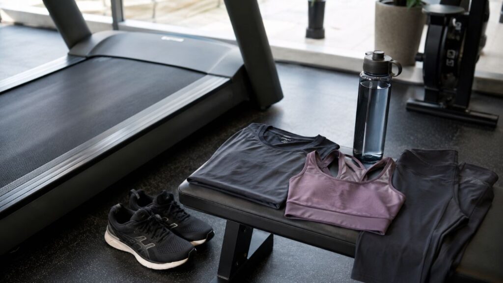 Par de tênis, garrafa de água, legging, top esportivo e camiseta dry fit organizados sobre um banco ao lado de uma esteira em ambiente de academia.