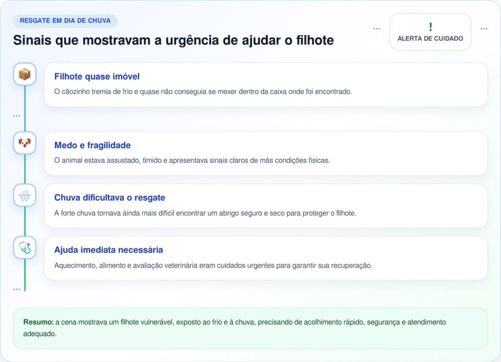 Filhote tremendo de frio é achado em caixa de papelão durante tempestade