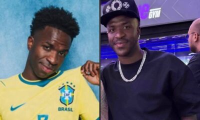Vini Jr. em duas fotos. Esquerda camisa amarela, direita boné preto, corrente e "e GYM"