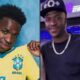 Vini Jr. em duas fotos. Esquerda camisa amarela, direita boné preto, corrente e "e GYM"