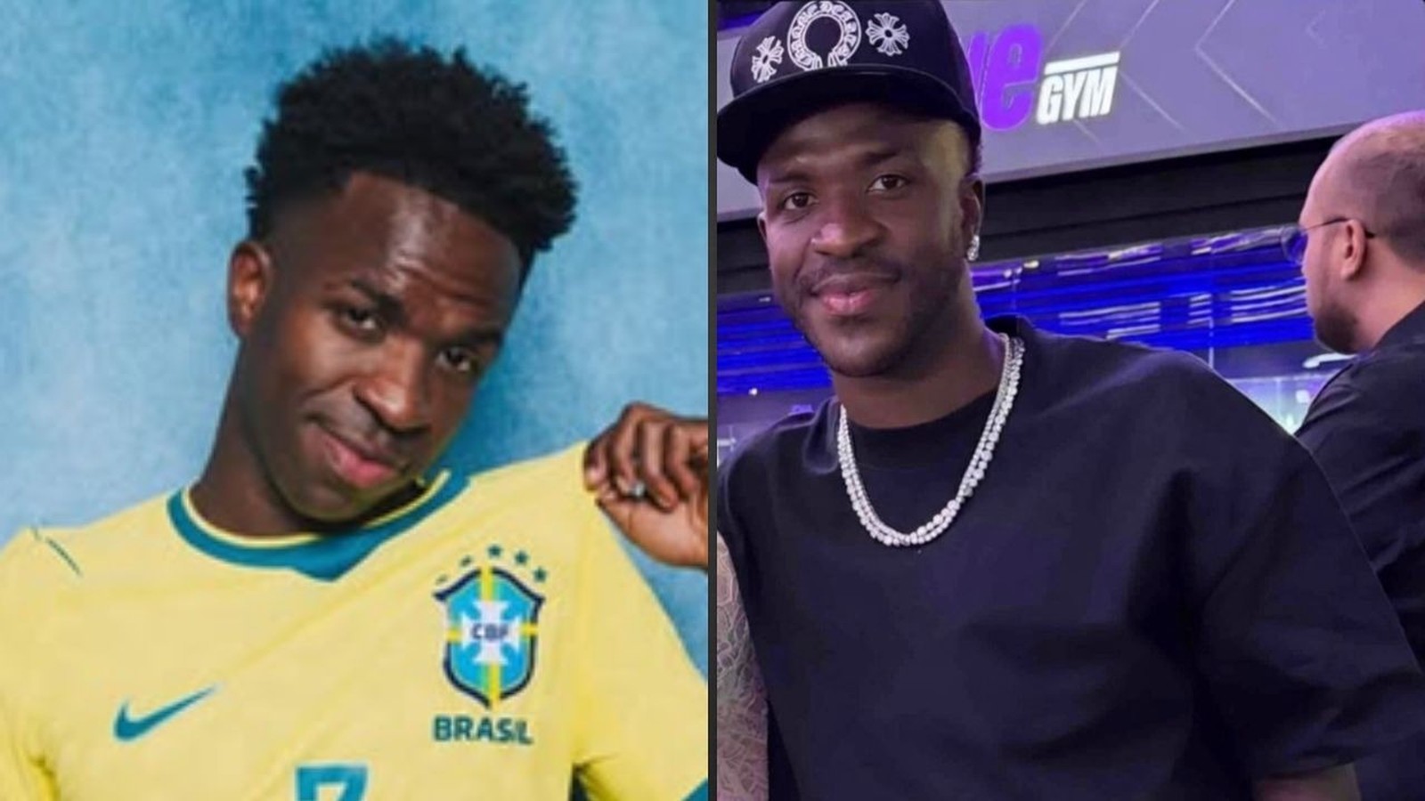 Vini Jr. em duas fotos. Esquerda camisa amarela, direita boné preto, corrente e "e GYM"