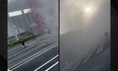 Duas imagens: pessoas em estacionamento com fumaça e prédio; fumaça densa com sol