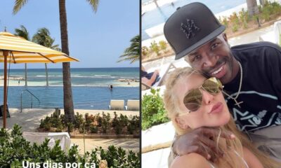 Imagem dividida: piscina, mar, palmeiras. Selfie de Virginia Fonseca e Vinicius Jr. sorrindo