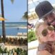 Imagem dividida: piscina, mar, palmeiras. Selfie de Virginia Fonseca e Vinicius Jr. sorrindo