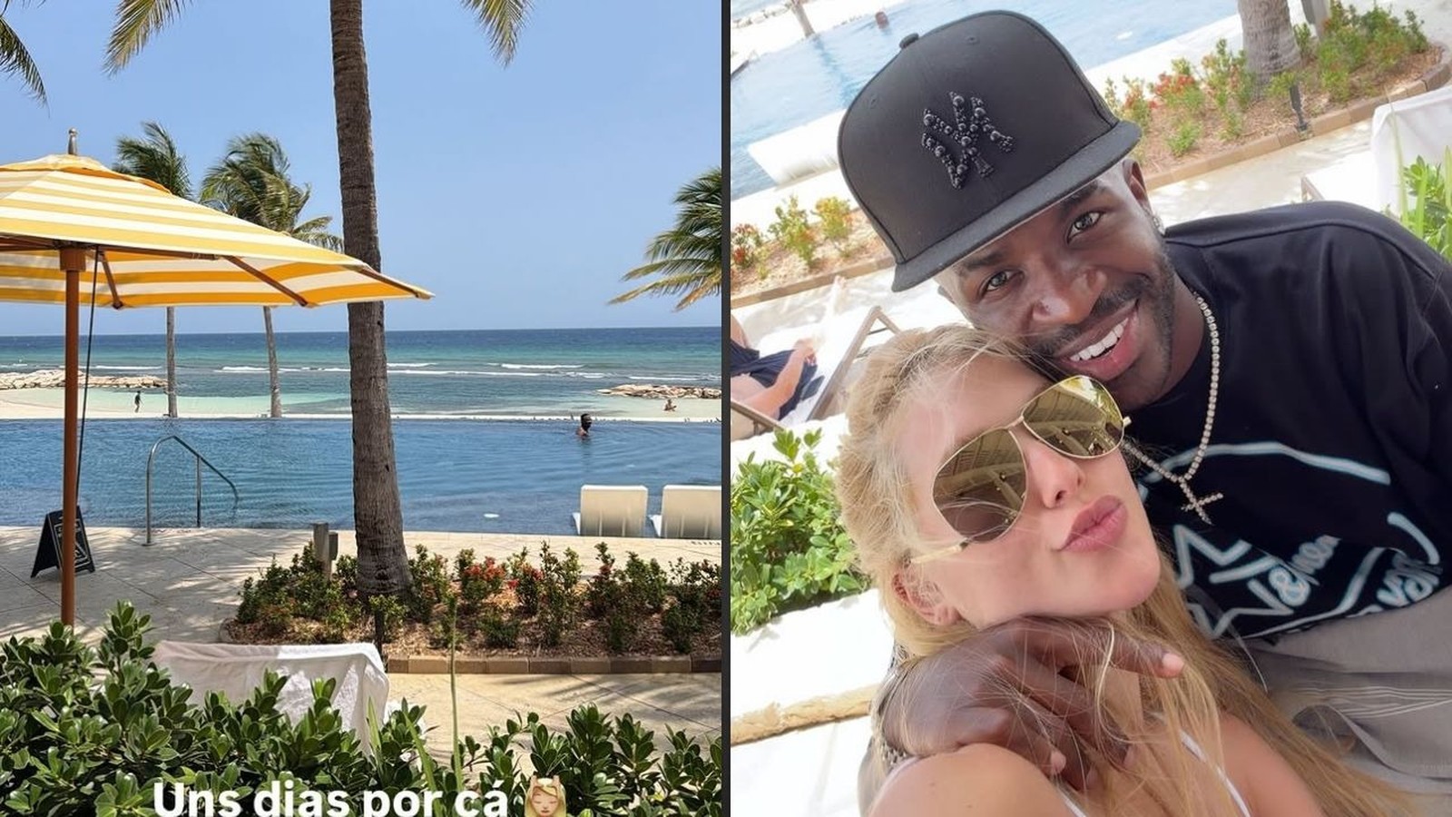Imagem dividida: piscina, mar, palmeiras. Selfie de Virginia Fonseca e Vinicius Jr. sorrindo