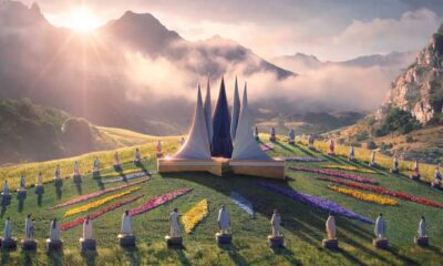 Paisagem montanhosa com templo central pontiagudo, figuras em vestes brancas e faixas floridas no gramado