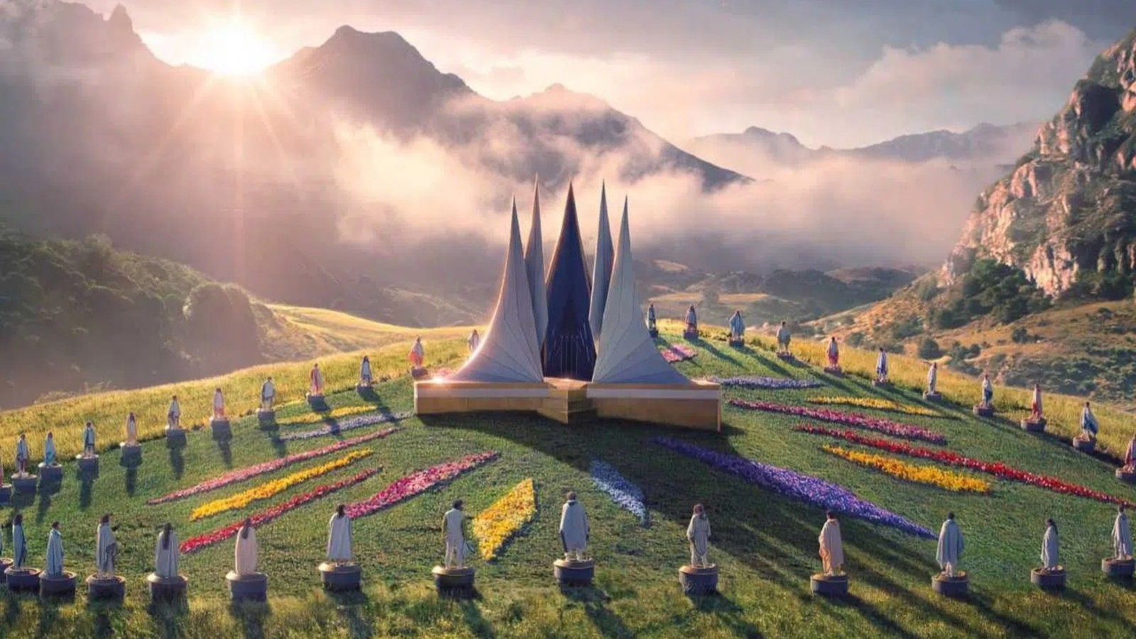 Paisagem montanhosa com templo central pontiagudo, figuras em vestes brancas e faixas floridas no gramado
