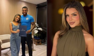 Davi Brito e Emilly Araújo sorrindo, ele de camisa azul. Emilly em close-up, blusa verde