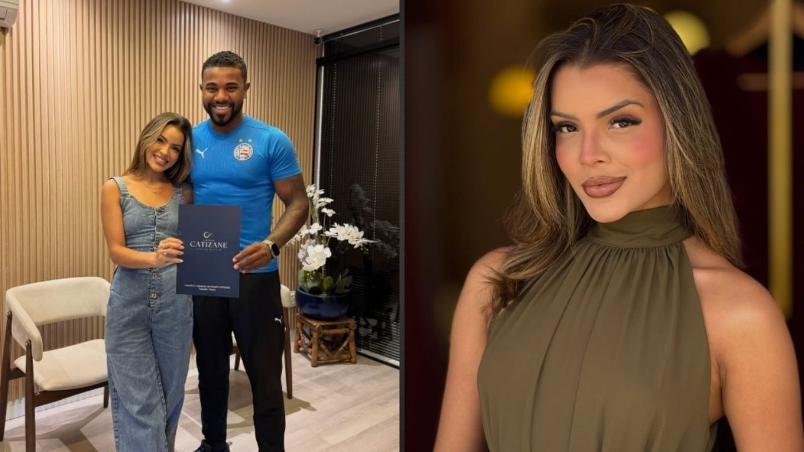 Davi Brito e Emilly Araújo sorrindo, ele de camisa azul. Emilly em close-up, blusa verde