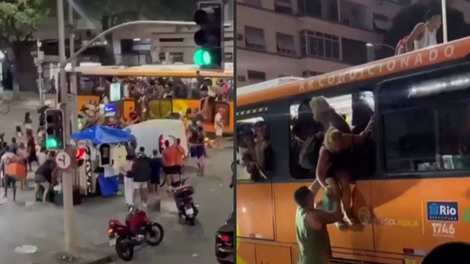 Pessoas superlotam ônibus, algumas pulando janelas, outras no teto, em rua de Copacabana