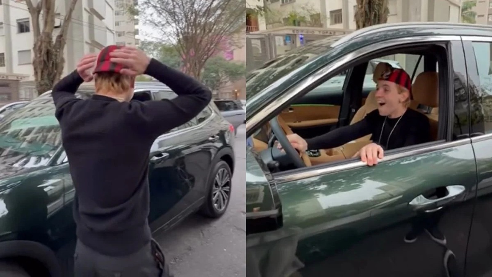 Juliano Floss, de boné xadrez, sorri de dentro de um SUV verde escuro