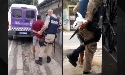 Guardas prendem homem algemado perto de viatura e um guarda segura uma faca