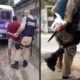 Guardas prendem homem algemado perto de viatura e um guarda segura uma faca