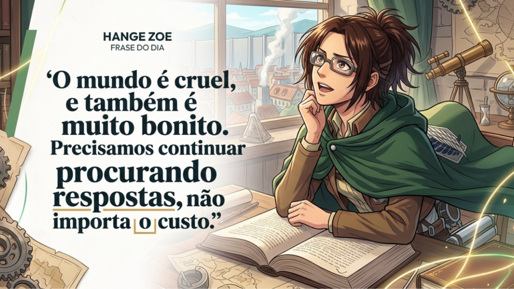 Frase do dia de Hange Zoë: "O mundo é impiedoso, e ele também é muito bonito. Precisamos continuar buscando respostas, custe o que custar"