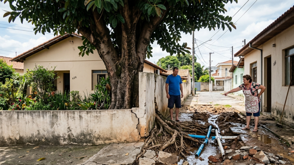 Morador gasta R$ 3.500 plantando figueira importada colada no muro, as raízes estouram o encanamento do vizinho e o juiz autoriza o corte unilateral da árvore pela base