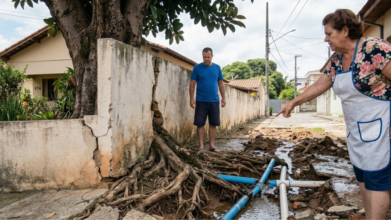 Morador gasta R$ 3.500 plantando figueira importada colada no muro, as raízes estouram o encanamento do vizinho e o juiz autoriza o corte unilateral da árvore pela base
