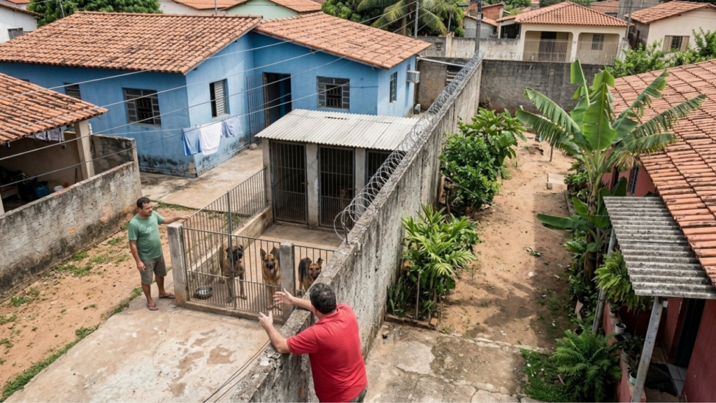 Família monta canil de cimento na divisa para 3 cães grandes, mau cheiro e latidos geram reclamação por 8 meses e Justiça fixa multa diária de R$ 500 até a retirada dos animais