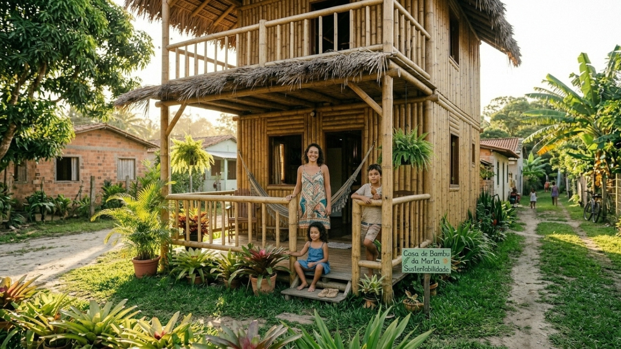 Aos 40 anos, mulher com 2 filhos monta casa de bambu de 60 m² em 2 meses por R$ 8.000, mas a prefeitura barra a ligação de água