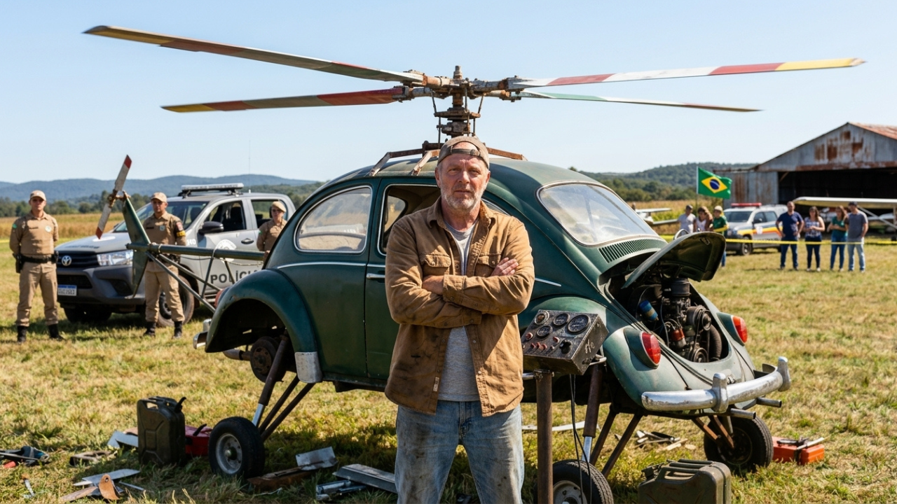 Mecânico de 47 anos autodidata cria o "helicóptero de Fusca" no interior de SP, tenta voar e é barrado pela lei e a fiscalização que chegou a tempo