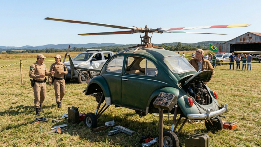 Mecânico de 47 anos autodidata cria o "helicóptero de Fusca" no interior de SP, tenta voar e é barrado pela lei e a fiscalização que chegou a tempo