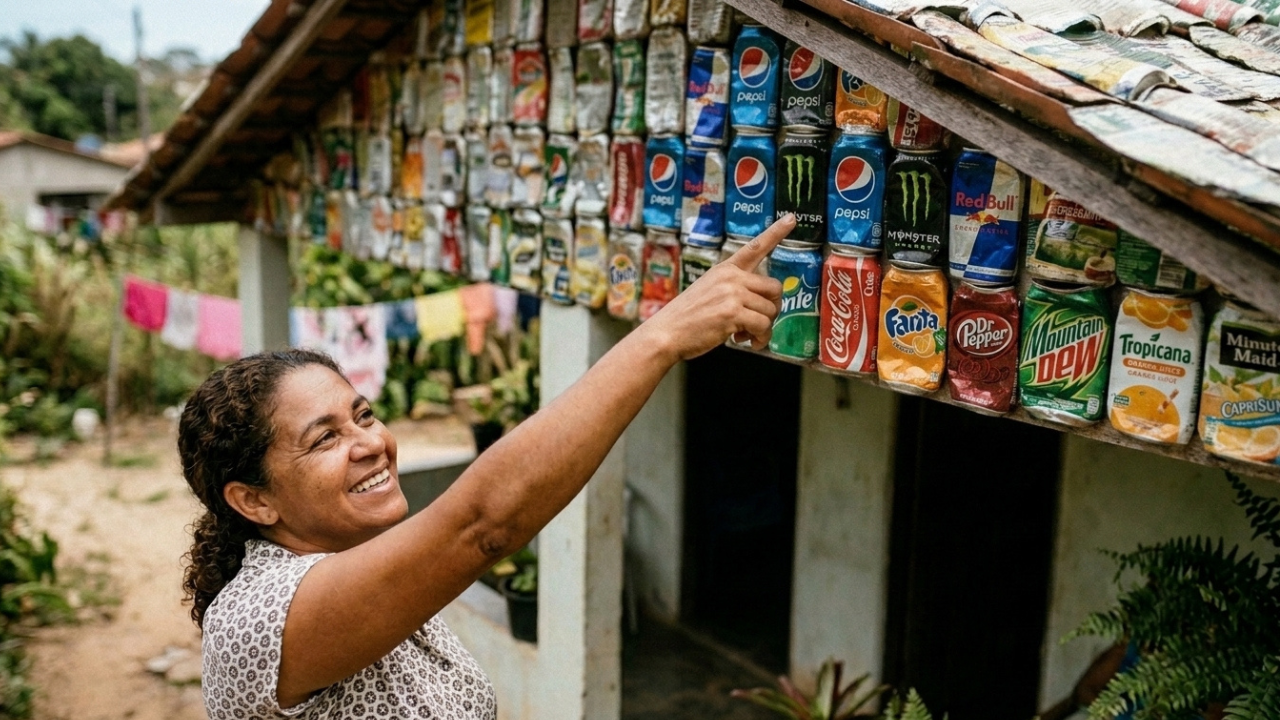 Aos 55 anos, mãe de 5 filhos cobre telhado de barraco com 300 latinhas recicladas reduzindo calor em 12°C, e é notificada por "poluição visual"