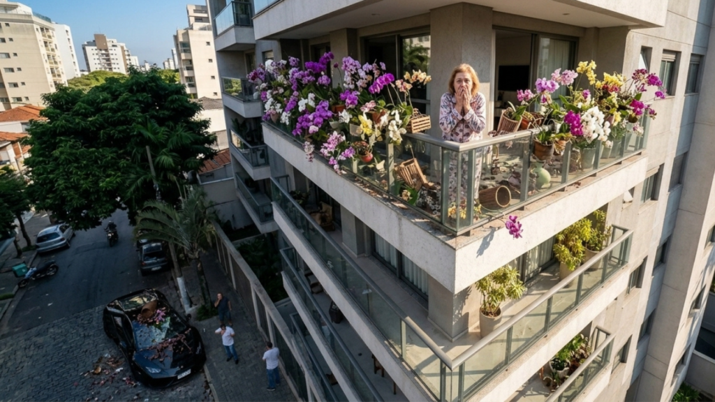 Mulher pendura orquídeas na varanda do 15º andar, vaso despenca sobre carro de luxo e seguro do condomínio se recusa a cobrir o estrago de R$ 40 mil