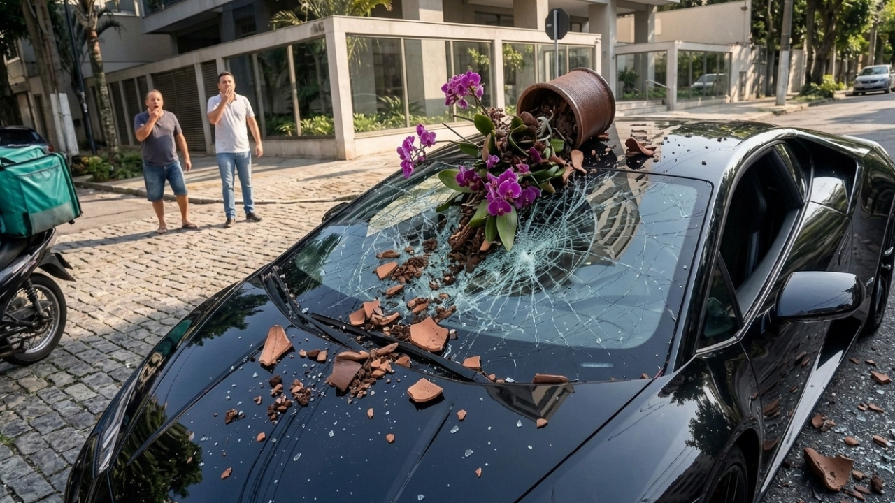 Mulher pendura orquídeas na varanda do 15º andar, vaso despenca sobre carro de luxo e seguro do condomínio se recusa a cobrir o estrago de R$ 40 mil