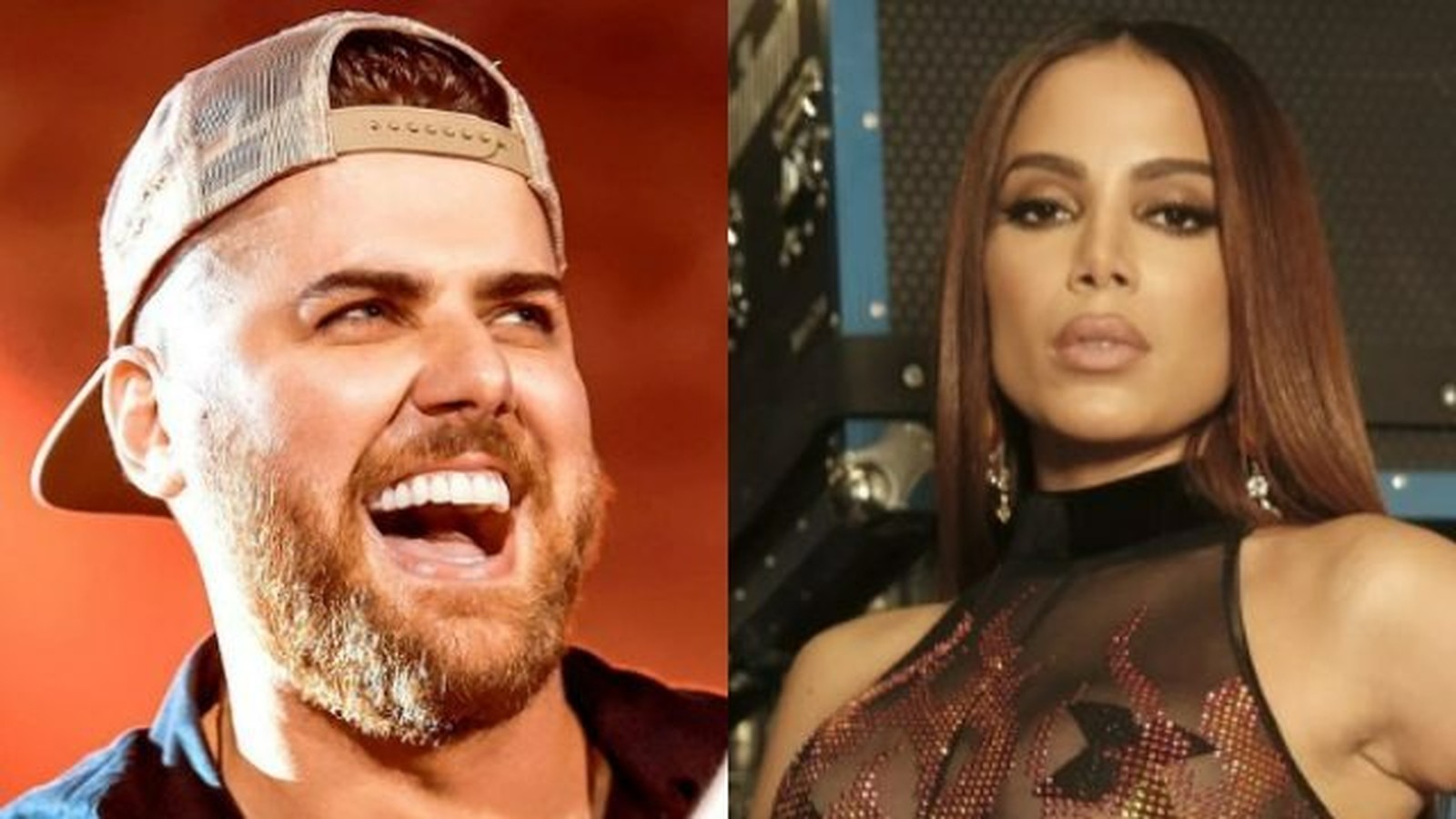 Zé Neto, com barba e boné, sorri; Anitta, de cabelo castanho e semblante sério