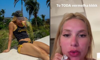 Mulher em foto dividida: Jamaica ao ar livre e close de rosto vermelho com texto